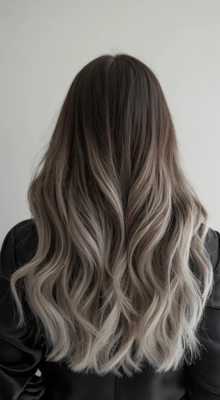 winter hair colors 2025 2026 for brunettes Frosted Ombre with Icy Edges