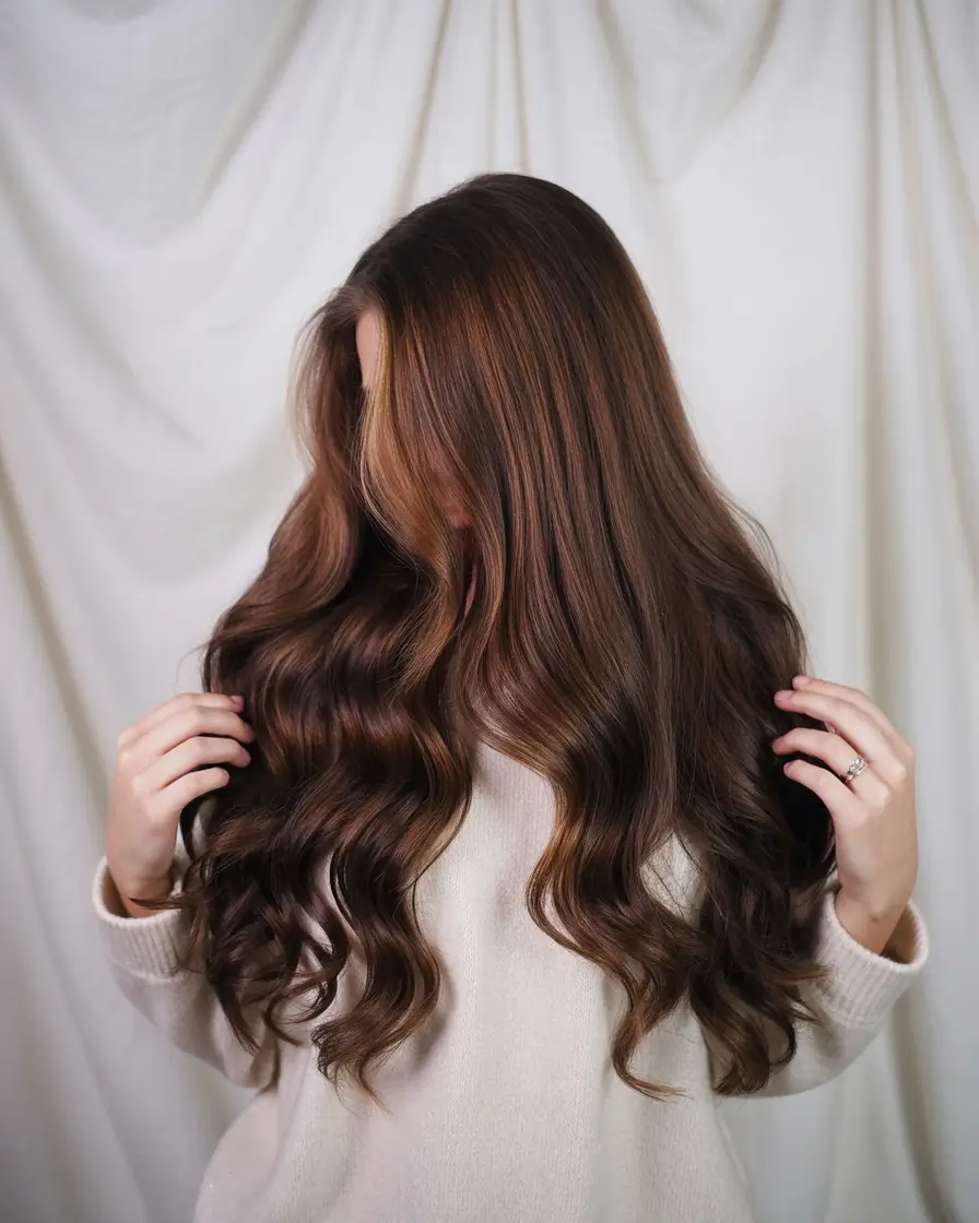 winter hair colors 2025 Caramel Ribbon Brunette