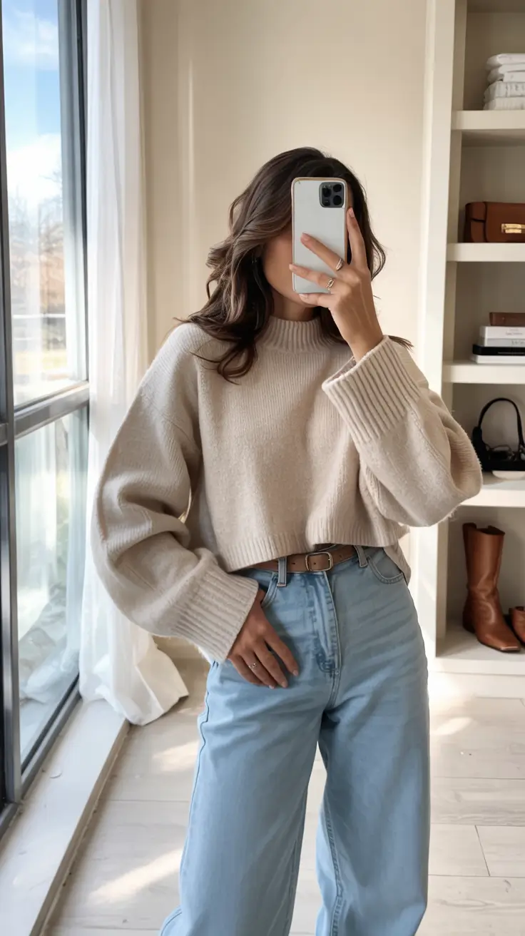 winter office outfits women Beige Knit with Light Denim