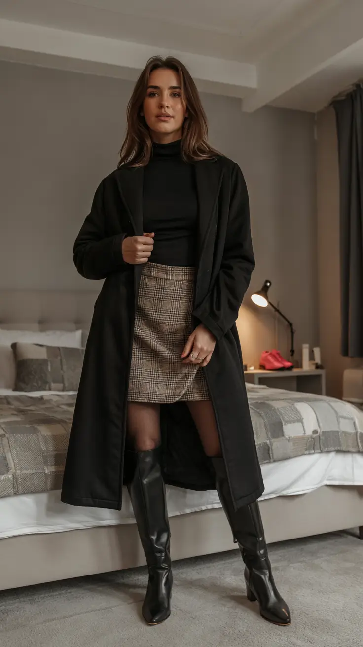 winter office outfits women Plaid Skirt with Black Coat