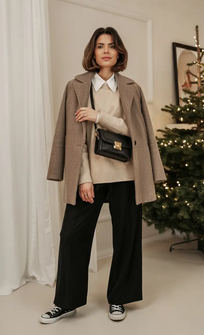 winter office outfits women Layered Knit with Wool Coat