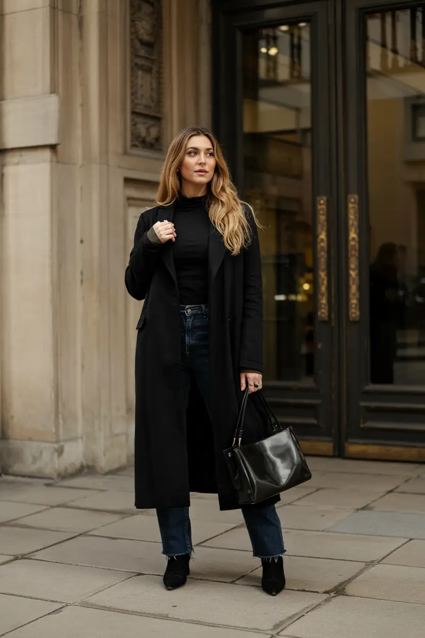 winter office outfits women Long Coat with Denim