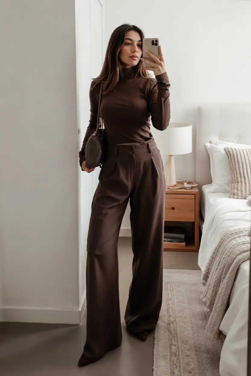 winter office outfits women Monochrome Chocolate Elegance