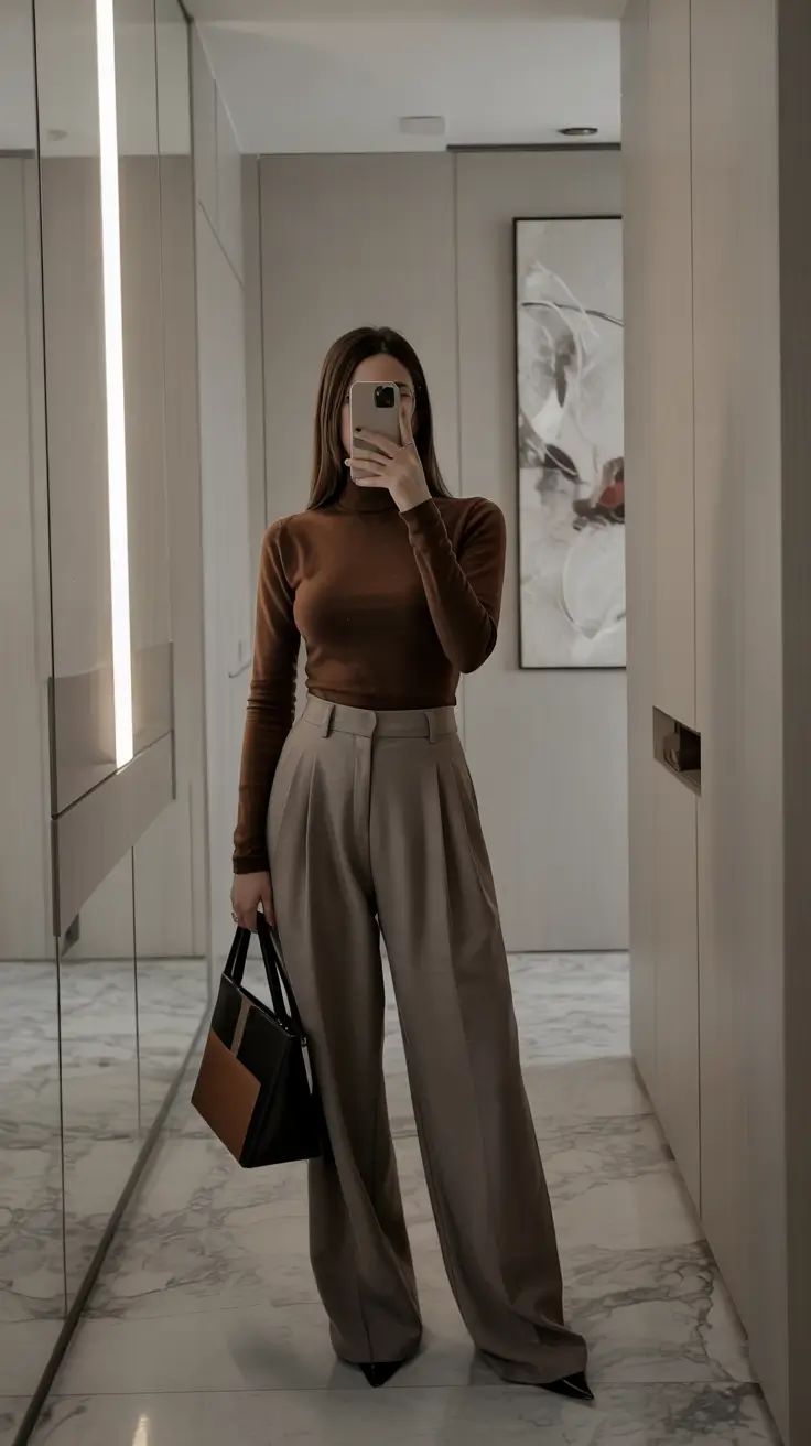 winter office outfits women Turtleneck with Wide-Leg Trousers