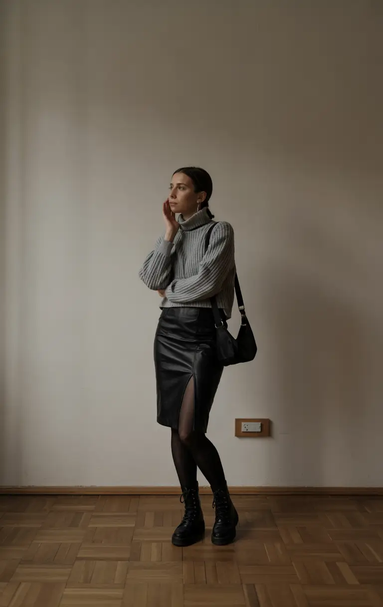 winter office outfits women Grey Sweater with Leather Skirt