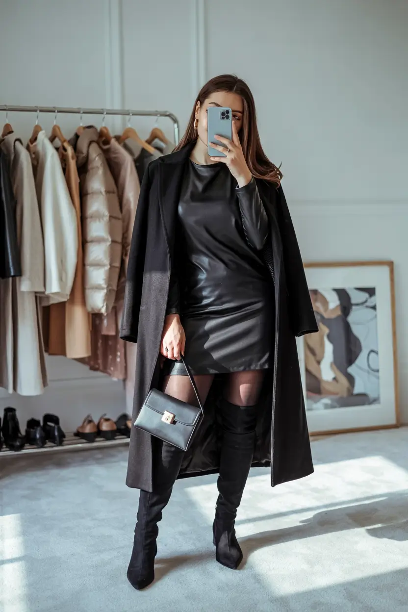 winter office outfits women All-Black Leather Dress with Coat