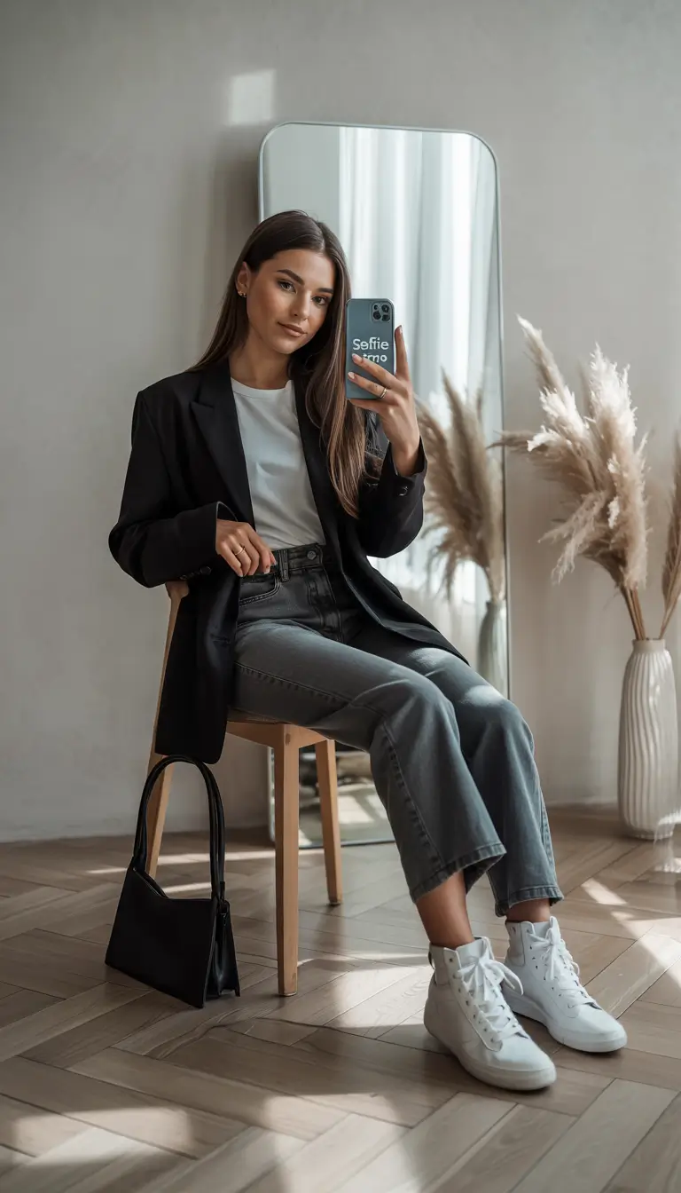 winter office outfits women Relaxed Grey Denim with Blazer