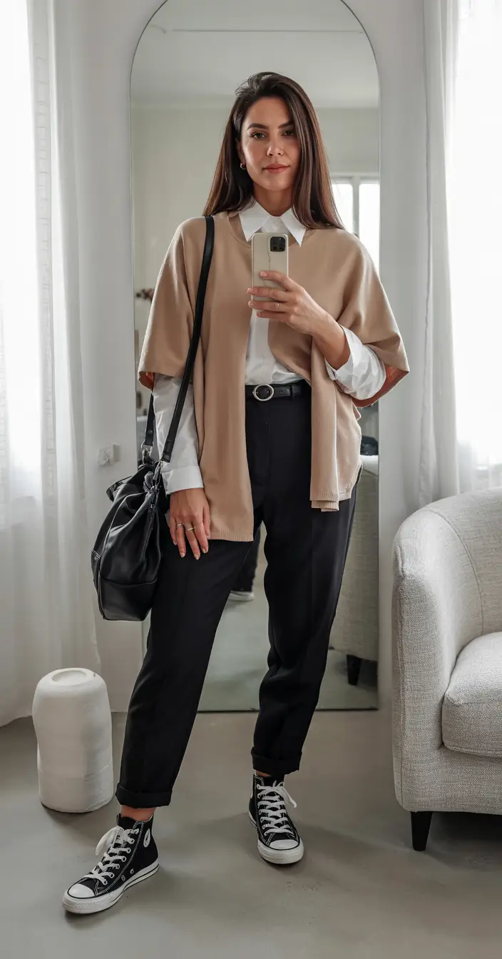 winter office outfits women Layered Shirt with Knit Poncho