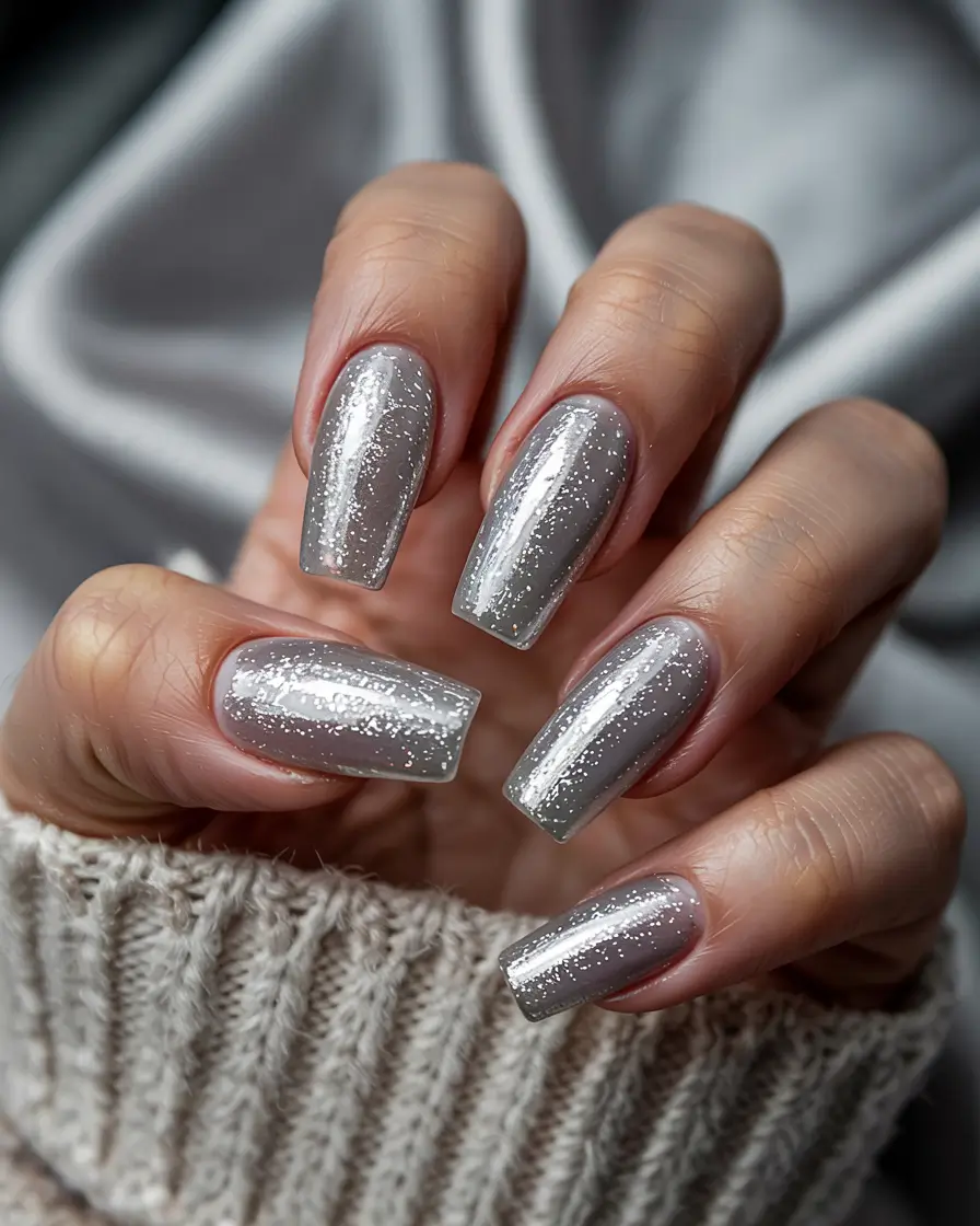 winter acrylic nails simple silver frost glow