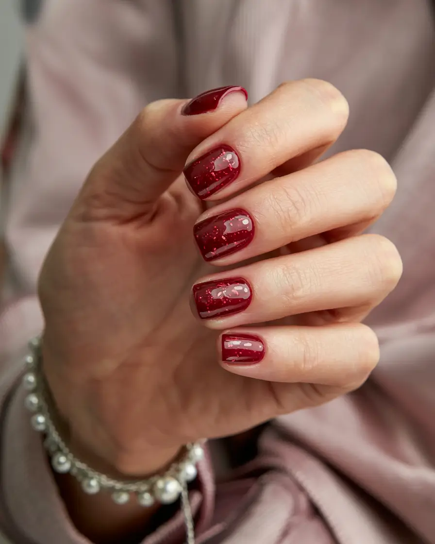 winter acrylic nails red garnet sparkle classic
