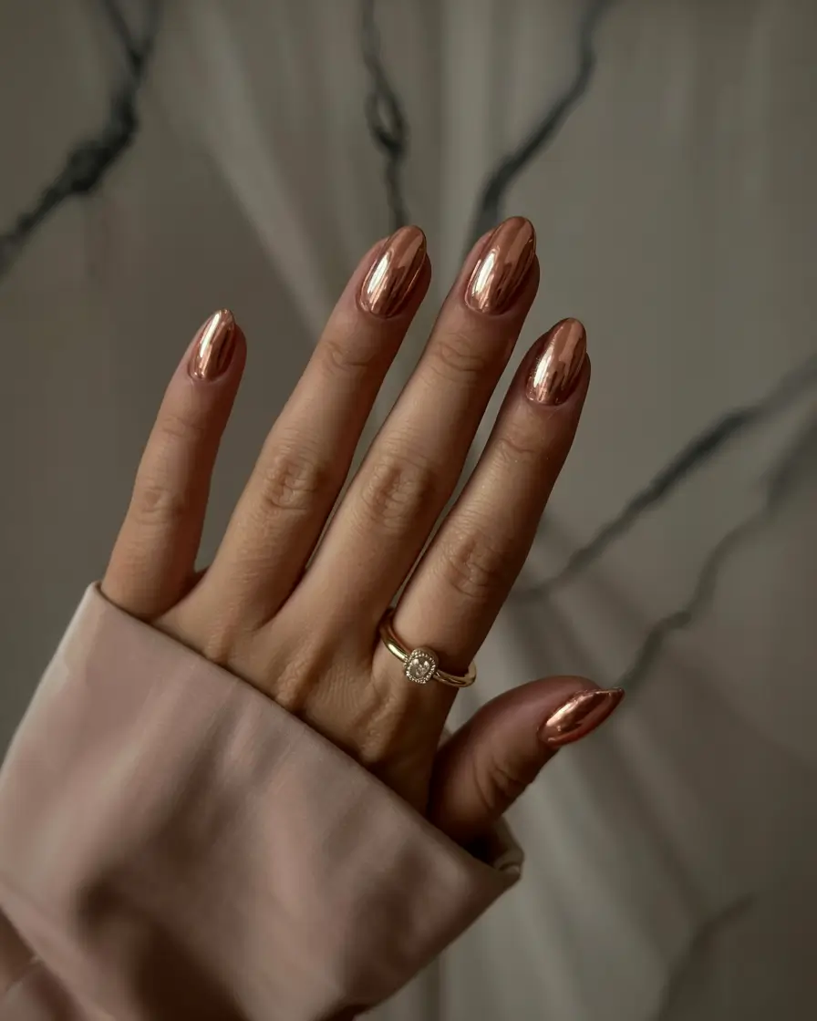winter-acrylic-nails-almond-Rose-Gold-Mirror-Elegance