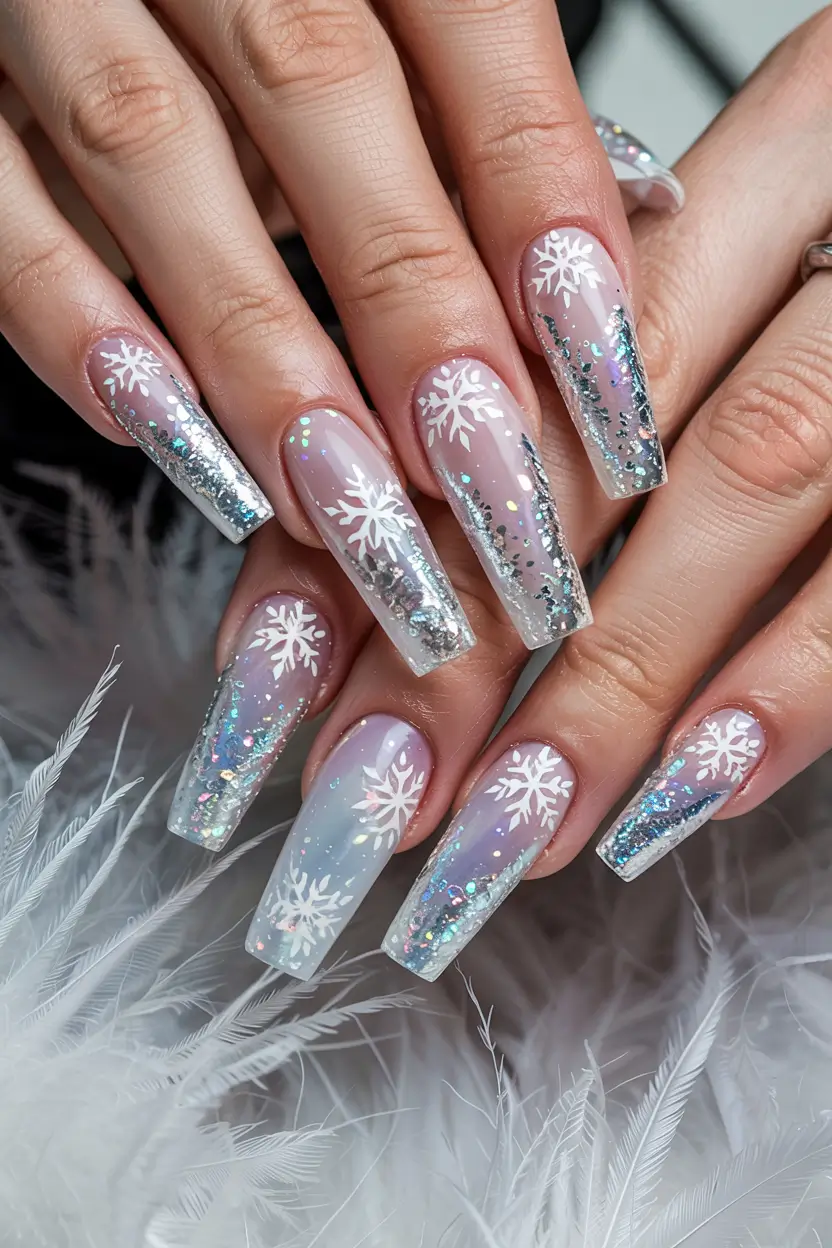 winter-acrylic-nails-coffin-Snowflake-Fantasy