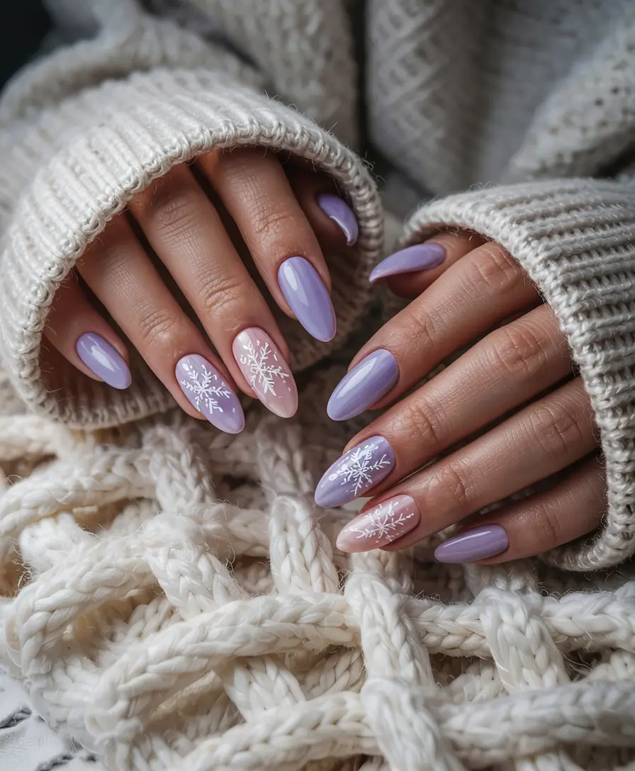 winter-acrylic-nails-almond-Lavender-Snowlight