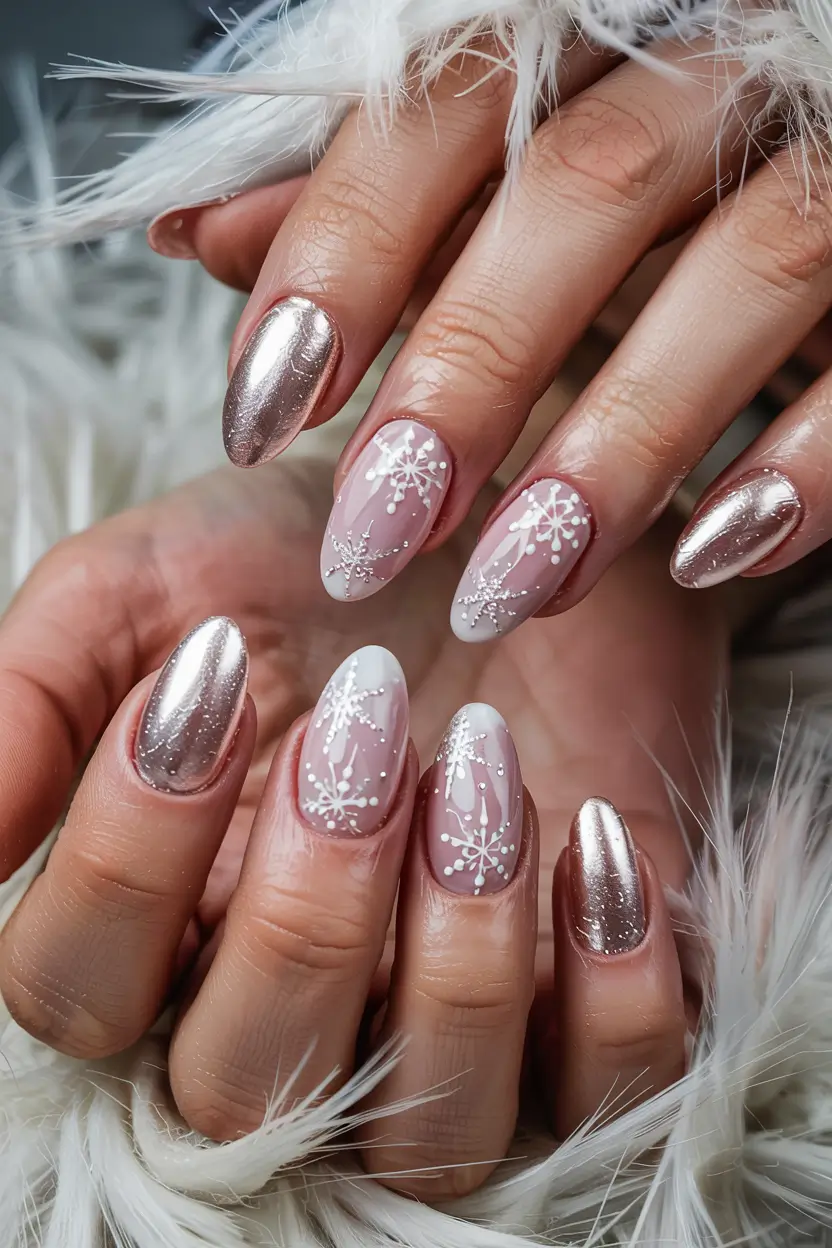 winter acrylic nails french tip frosted rose chrome