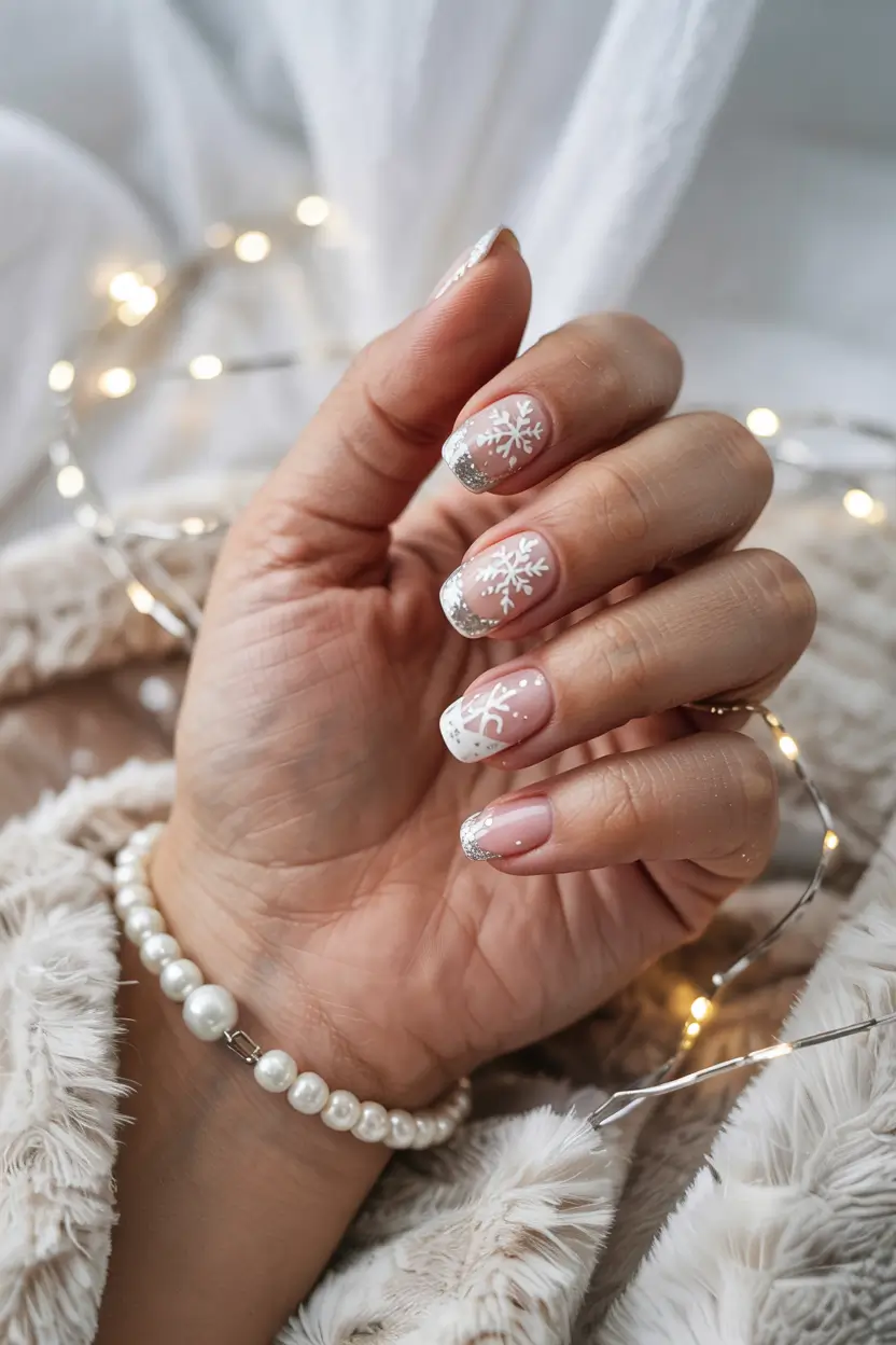 winter acrylic nails french tip snowflake dream