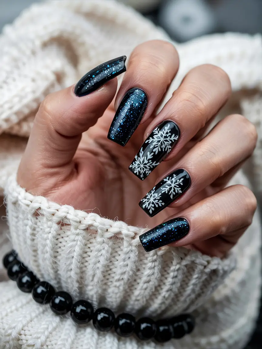 winter acrylic nails designs dark midnight snowfall magic