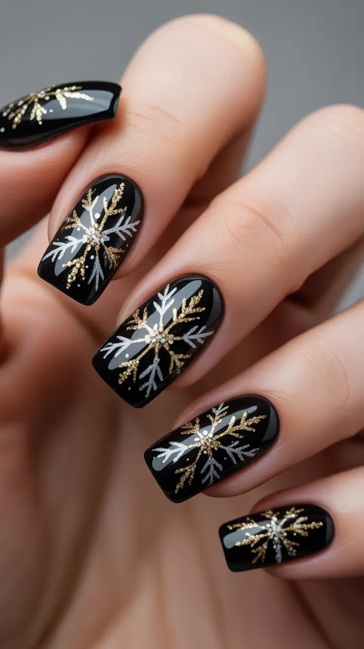 winter-acrylic-nails-designs-Midnight-Sparkle-Snowflakes