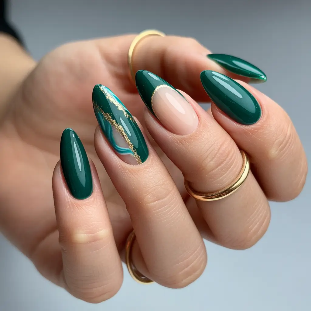 nails-acrylic-almond-design-winter-Emerald-Veil