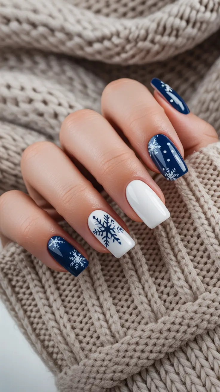 short acrylic nails designs winter Snowfall Symphony