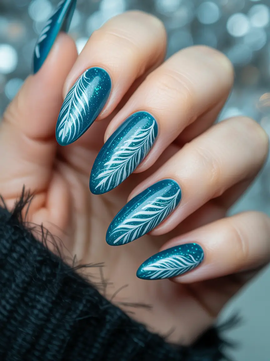 winter oval acrylic nails designs Frozen Feather