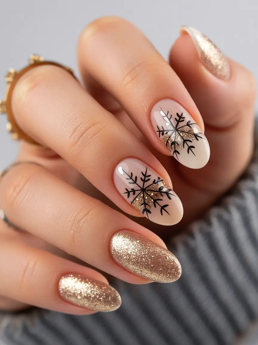 acrylic-nails-designs-for-winter-fun-Golden-Flake-Glow