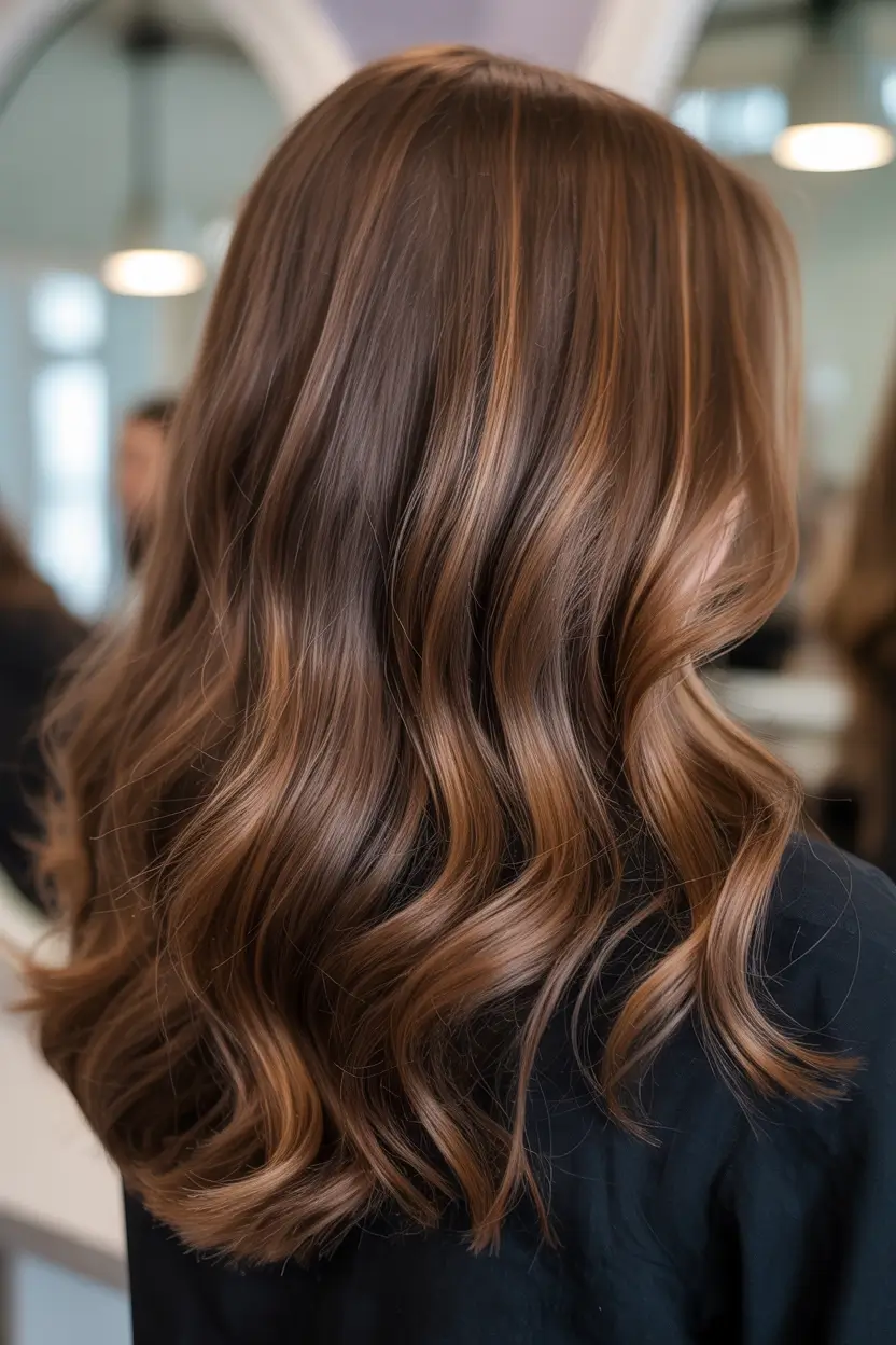 winter hair colors auburn Velvety Auburn Waves with Caramel Dimension