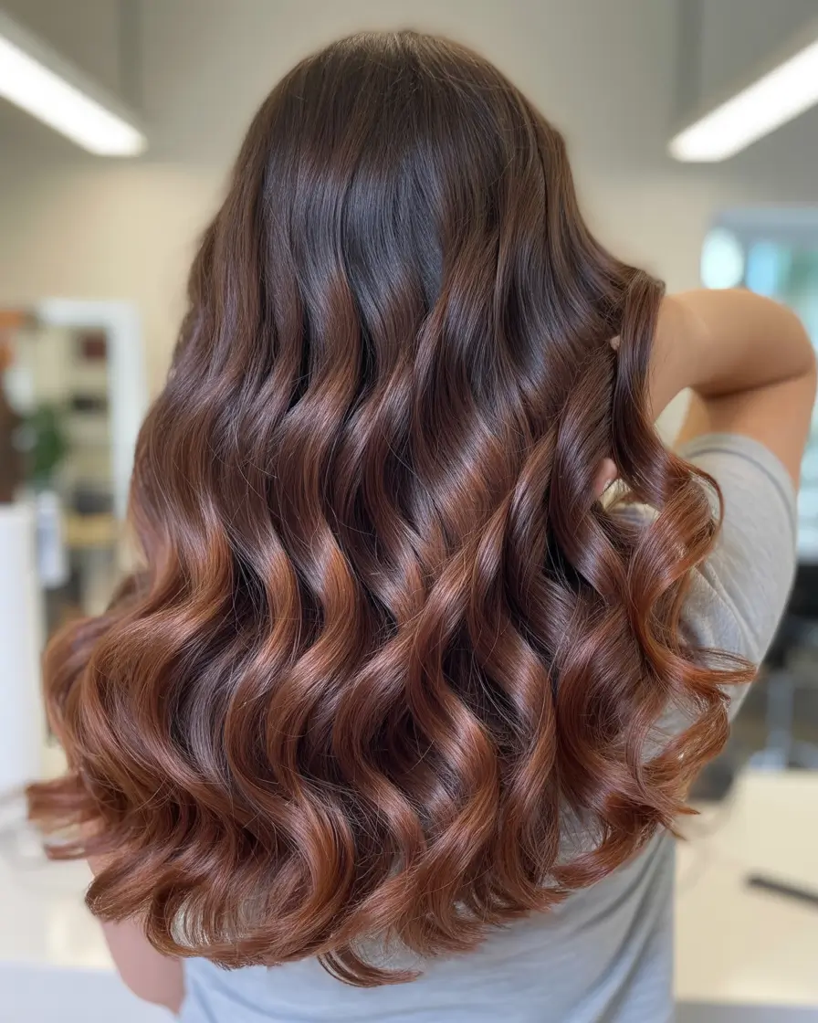 winter hair colors auburn Romantic Auburn Curls with Reddish-Brown Depth