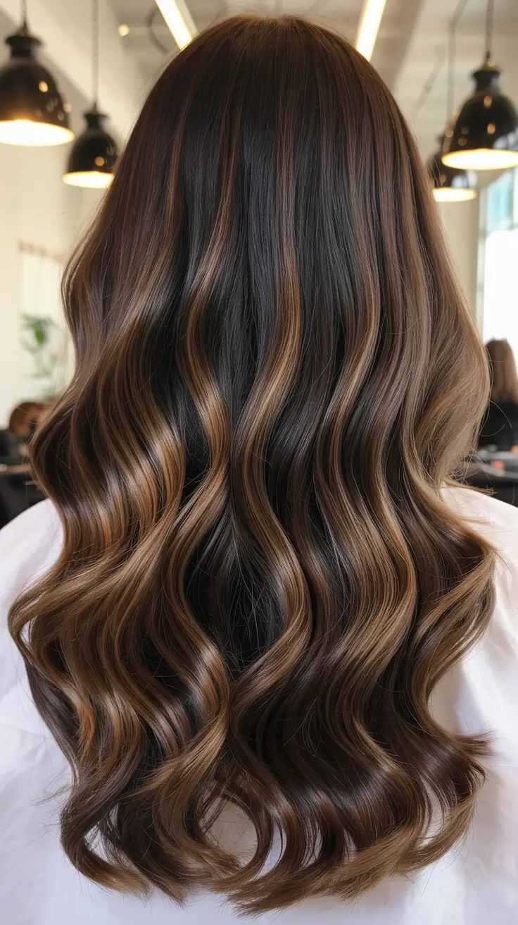 winter hair colors auburn Glossy Auburn Brunette with Defined Waves