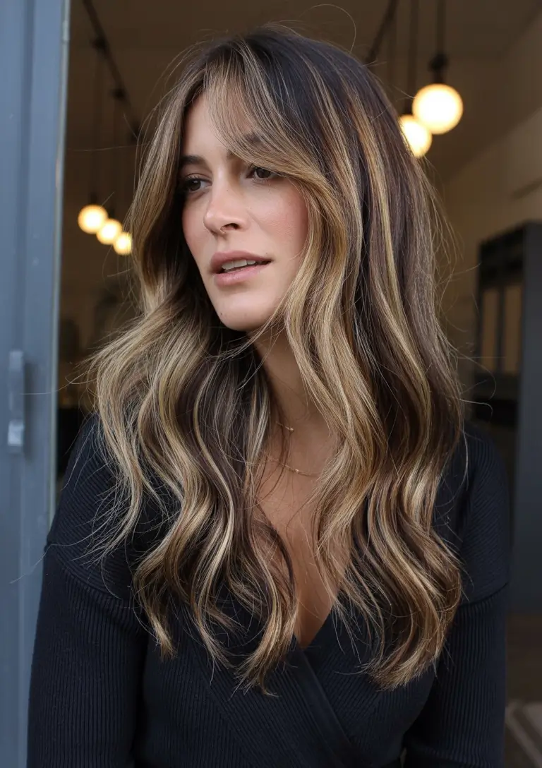 winter hair colors auburn Sunlit Auburn Highlights with Face Framing Layers