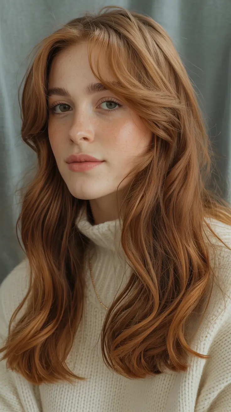 winter hair colors auburn Soft Ginger Auburn with Effortless Layers
