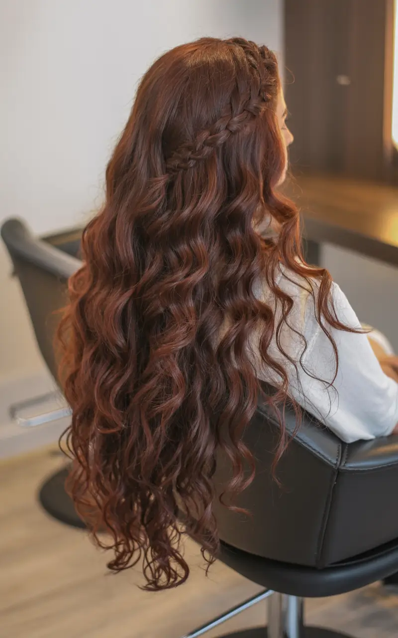 winter hair colors for brunettes red dark auburn reddish brown brown Auburn Curls with Braided Detail