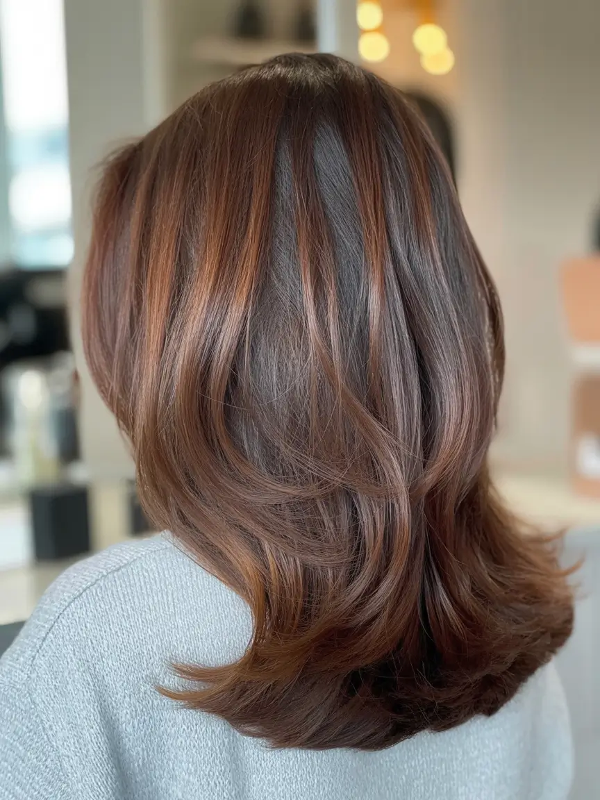 winter hair colors auburn Layered Auburn Brunette with Subtle Shine