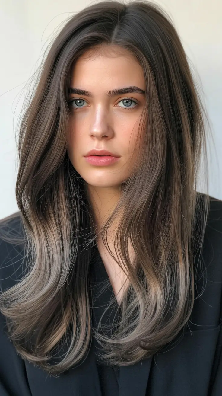 winter hair colors auburn Smoky Auburn Brunette with Cool-Toned Layers