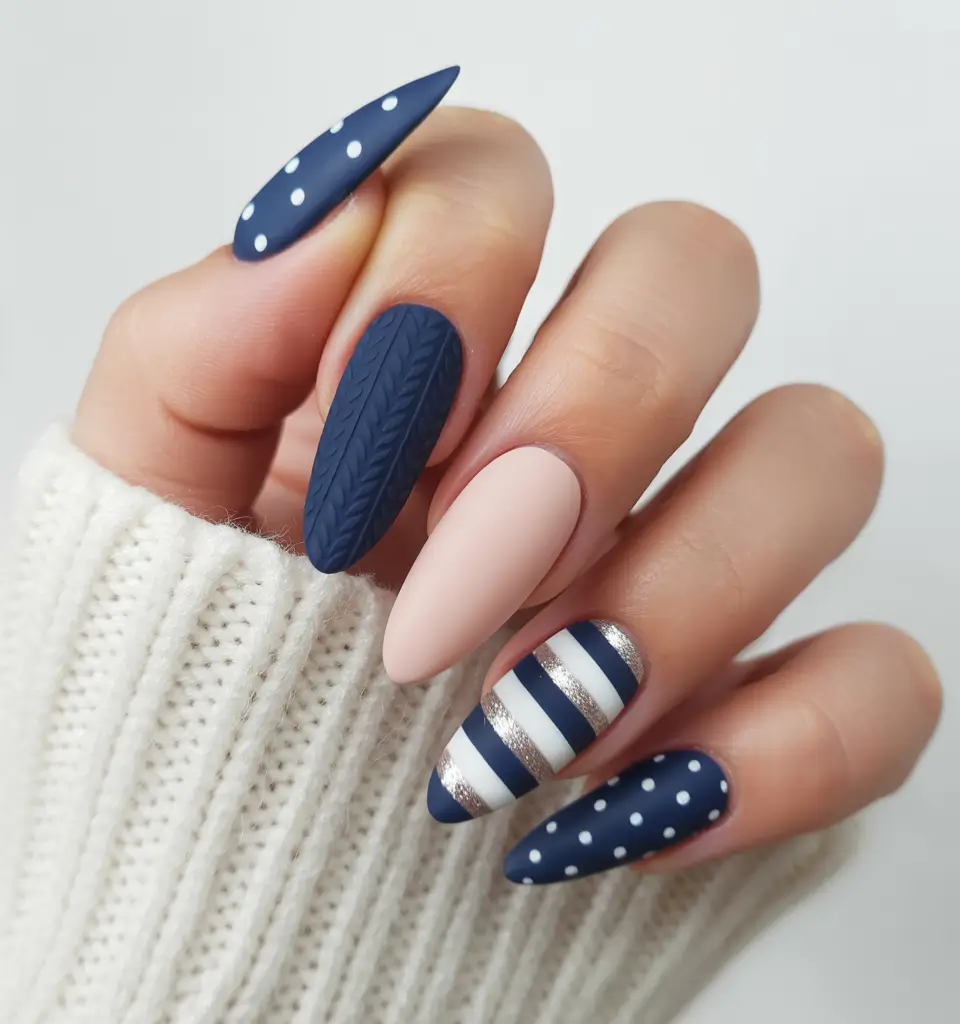 Best Gel Nails Christmas 2025 Cozy Navy Knit