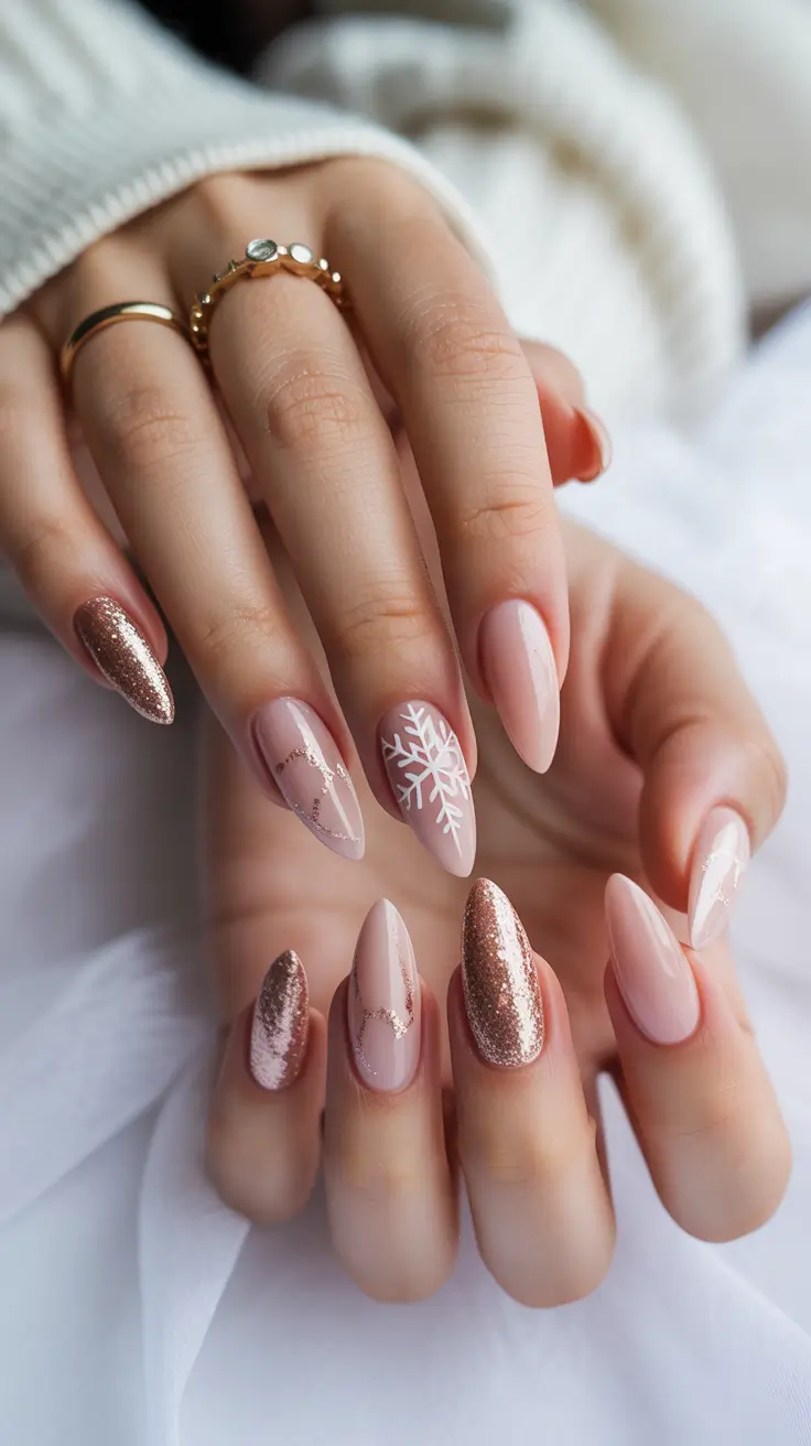 Best Gel Nails Christmas 2025 Rose Gold Snowfall