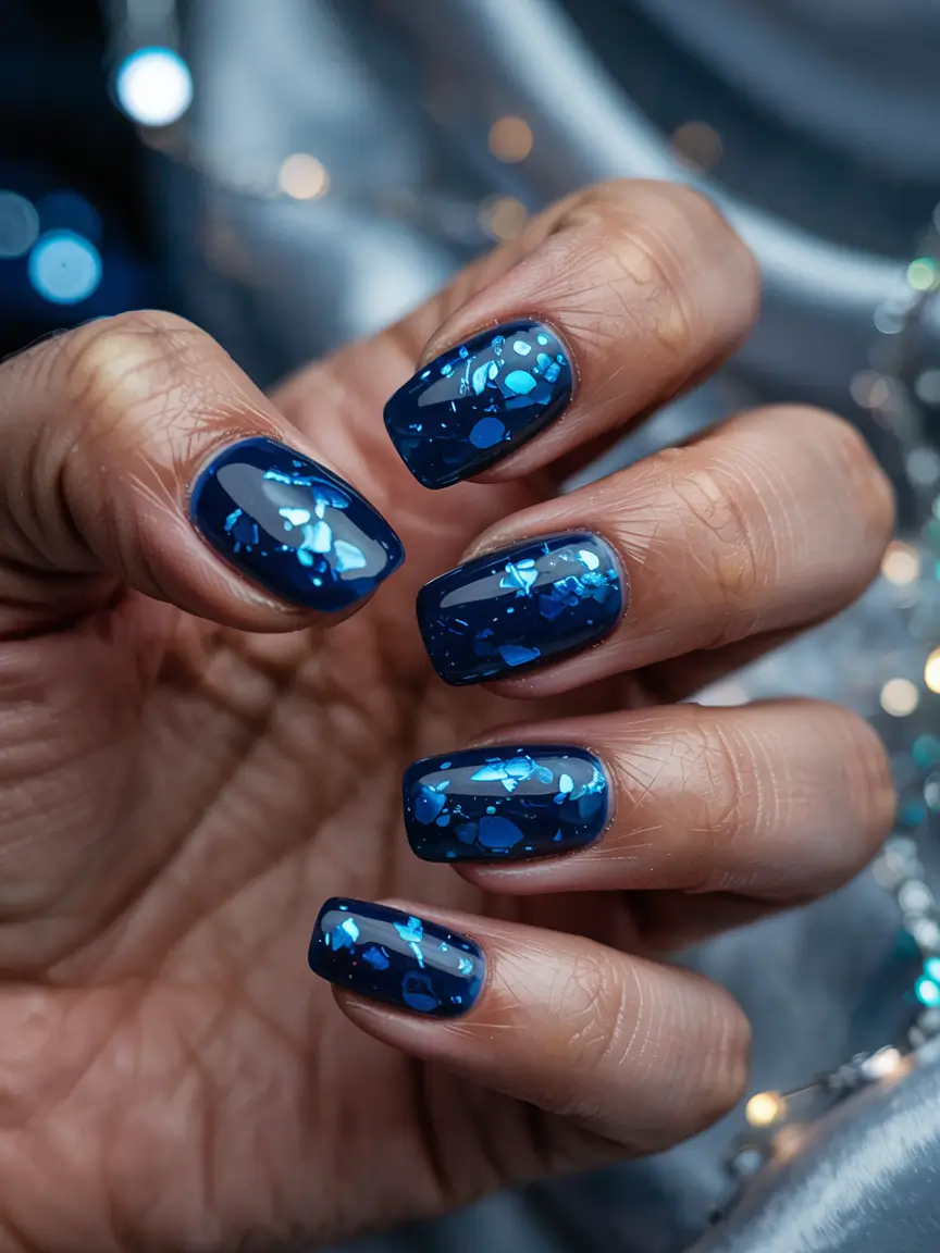 blue winter nails snowflakes Midnight Spark: Deep Navy Charm