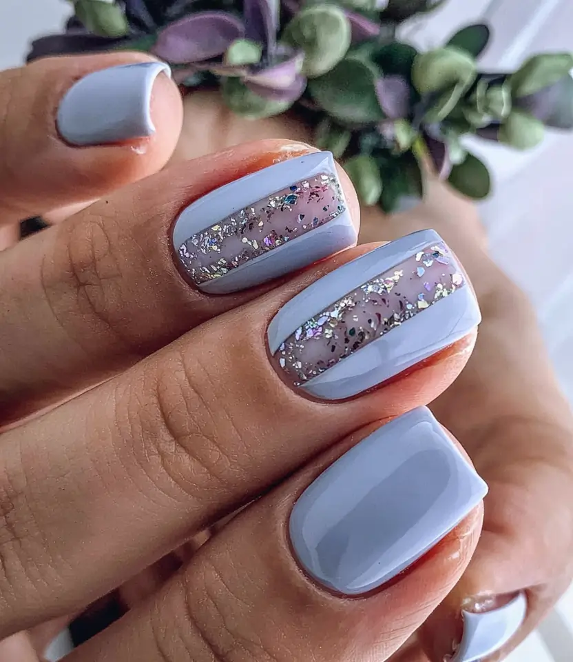 blue winter nails designs snowflakes short Frost Line: Striped Sparkle Detail