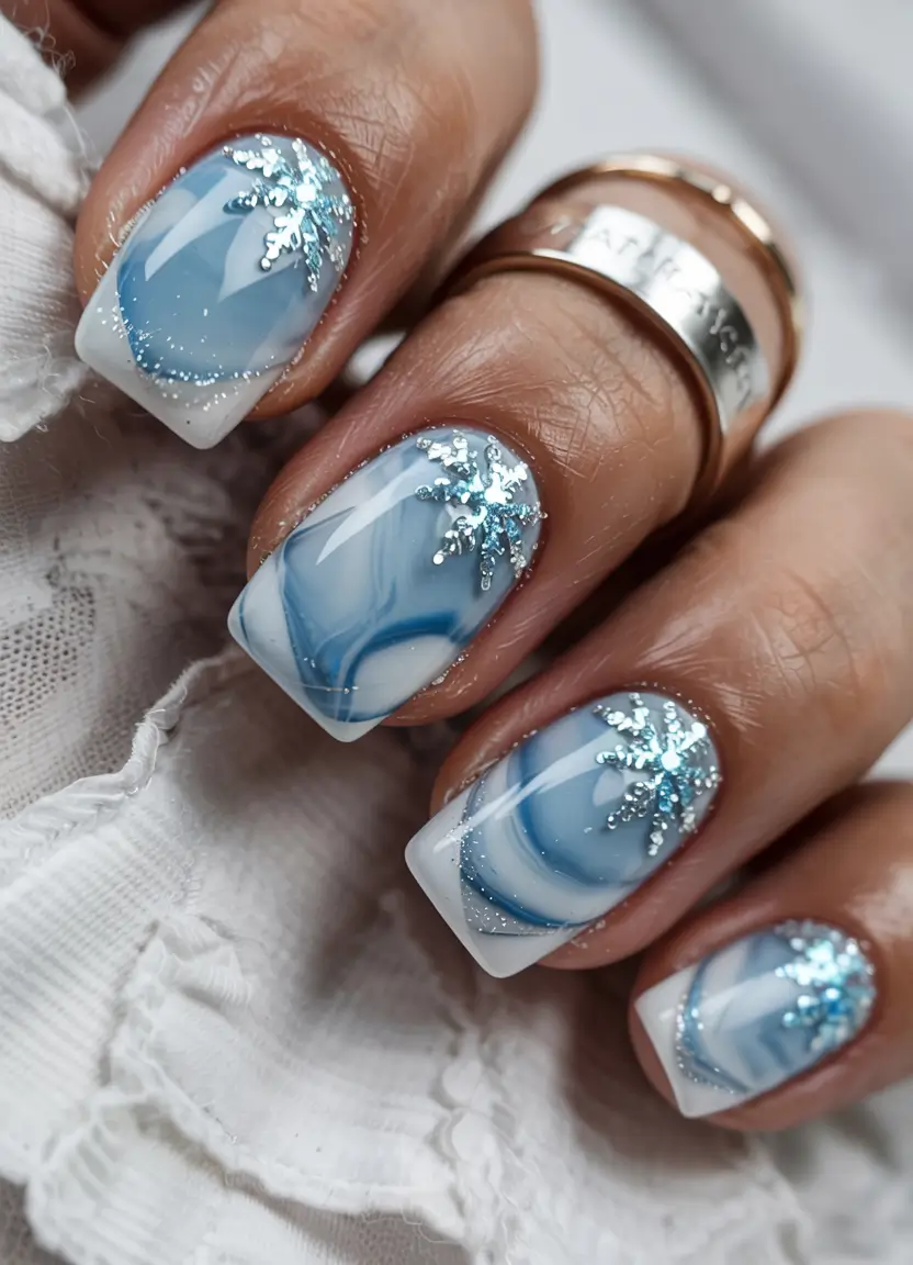 blue winter nails with snowflakes Crystal Frost: Snowflake Marble Magic