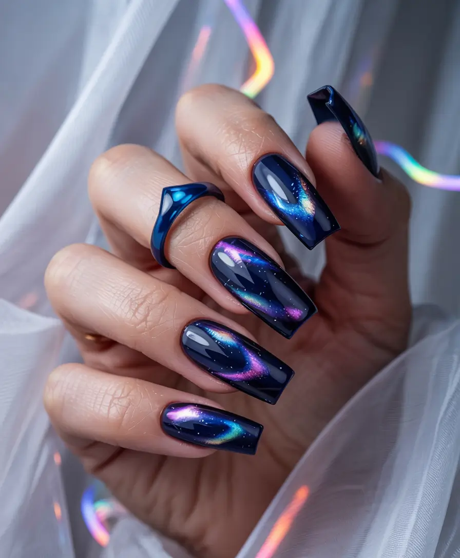 blue winter nails almond Galaxy Veil: Cosmic Aurora Art