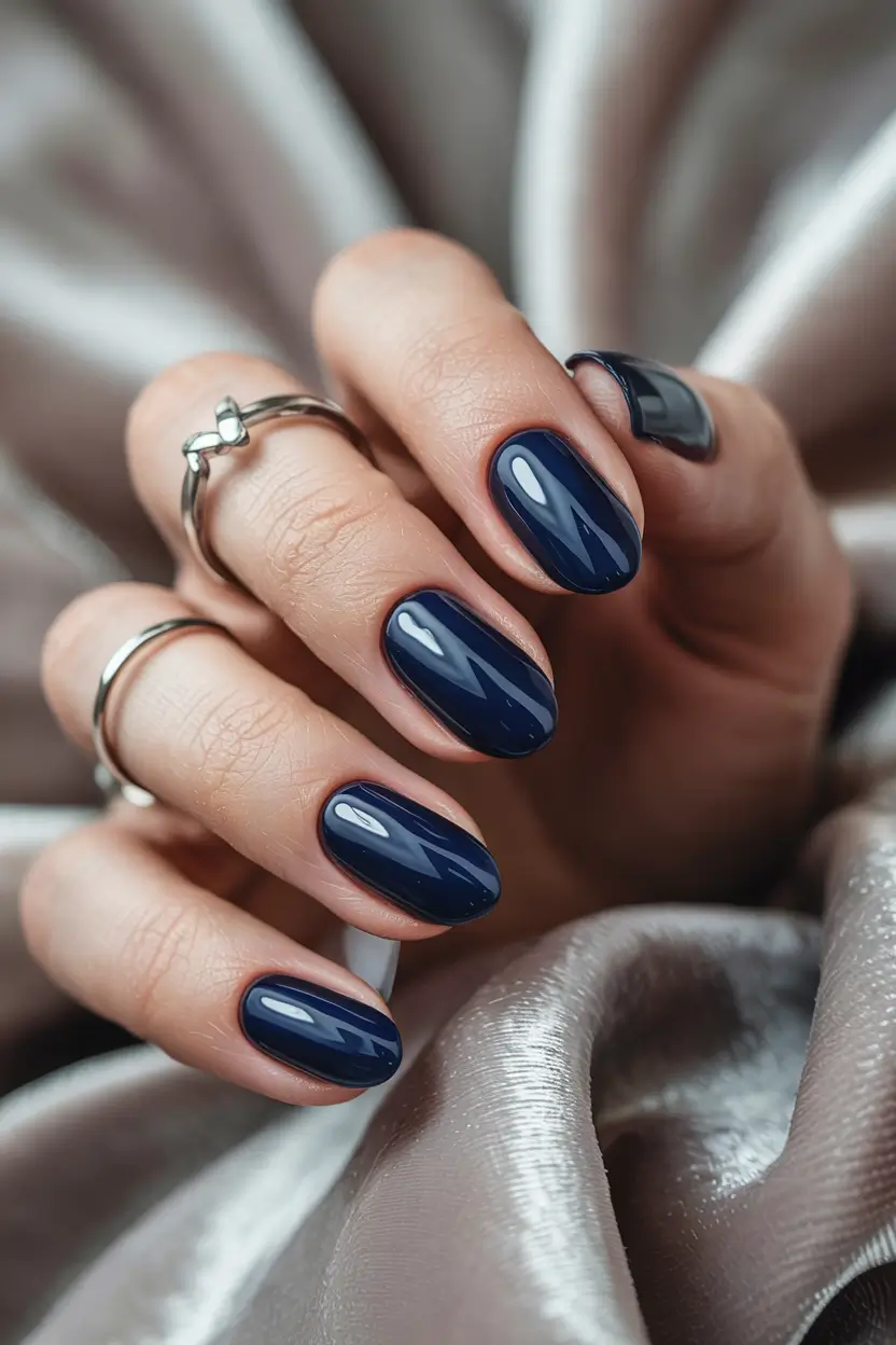blue winter nails almond shape Velvet Eclipse: Navy Almond Grace