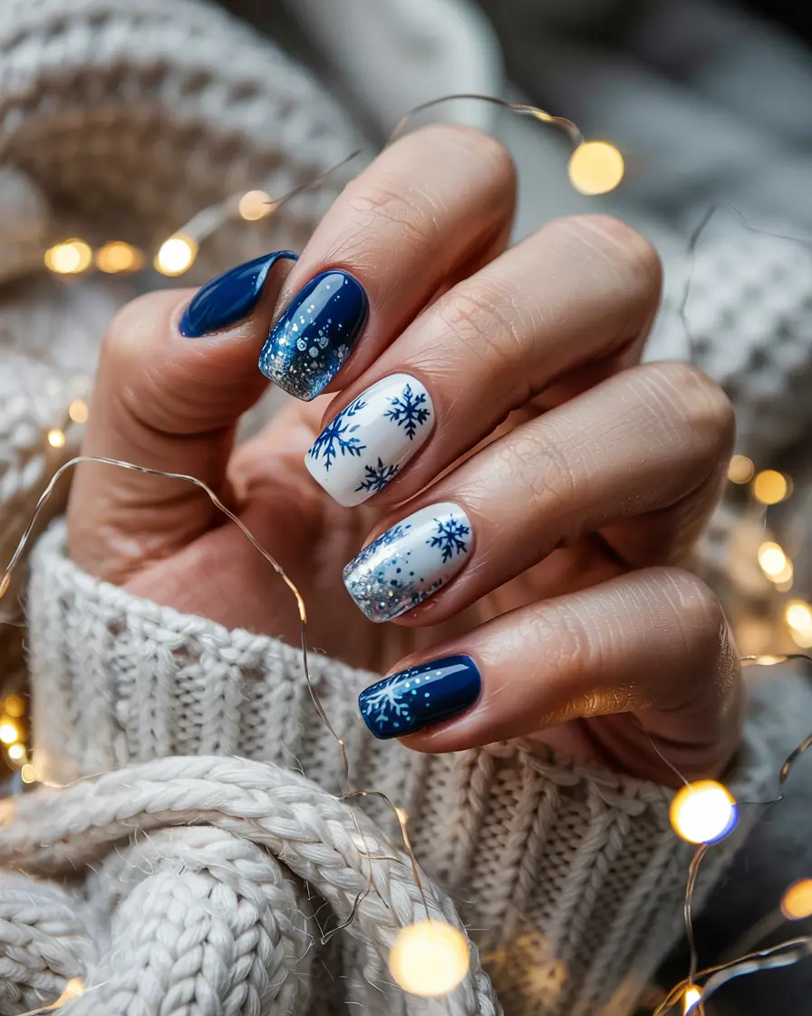 blue winter nails snowflakes Frosted Midnight Spark