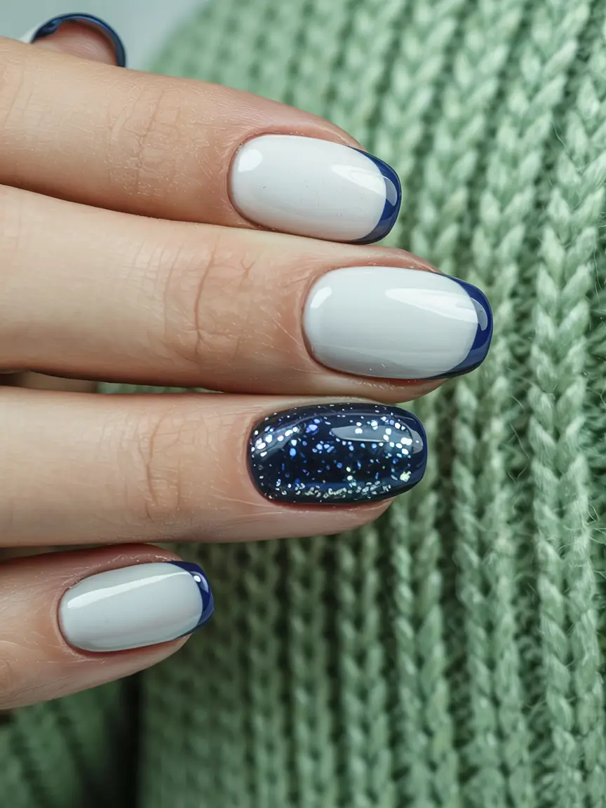 blue winter nails snowflakes french tip Blueberry French Spark