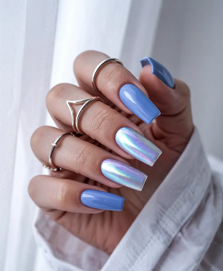 blue winter nails 2025 Frosted Sky: Soft Holographic Dream