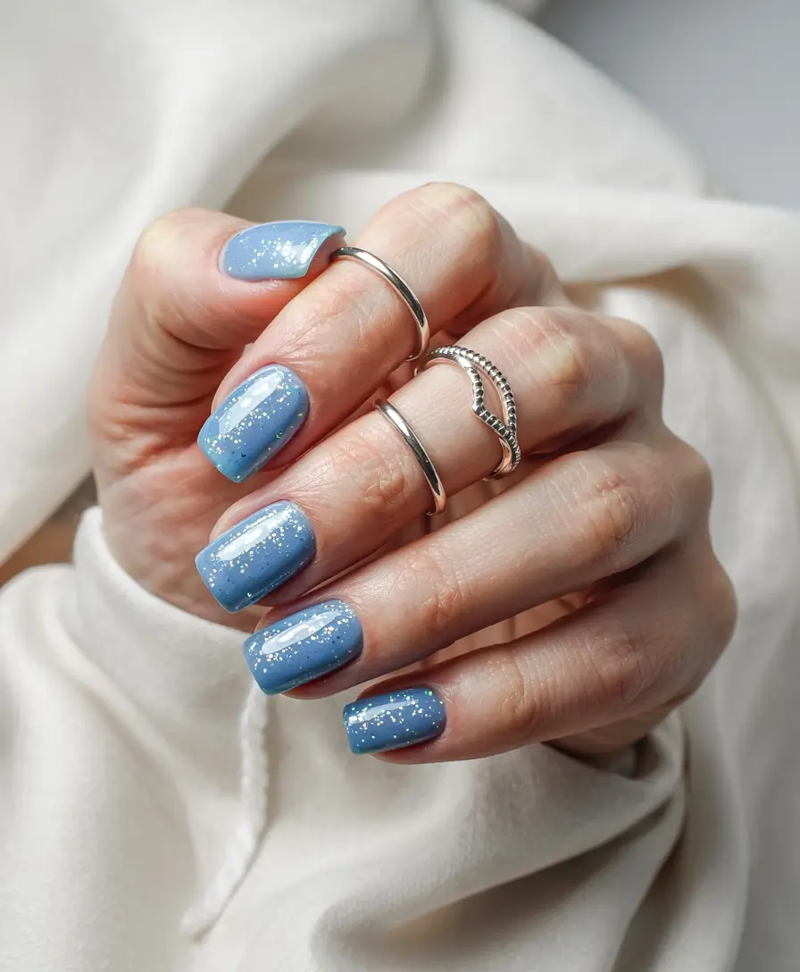 blue winter nails snowflakes Snowfall Serenade: Sky Blue Sparkles
