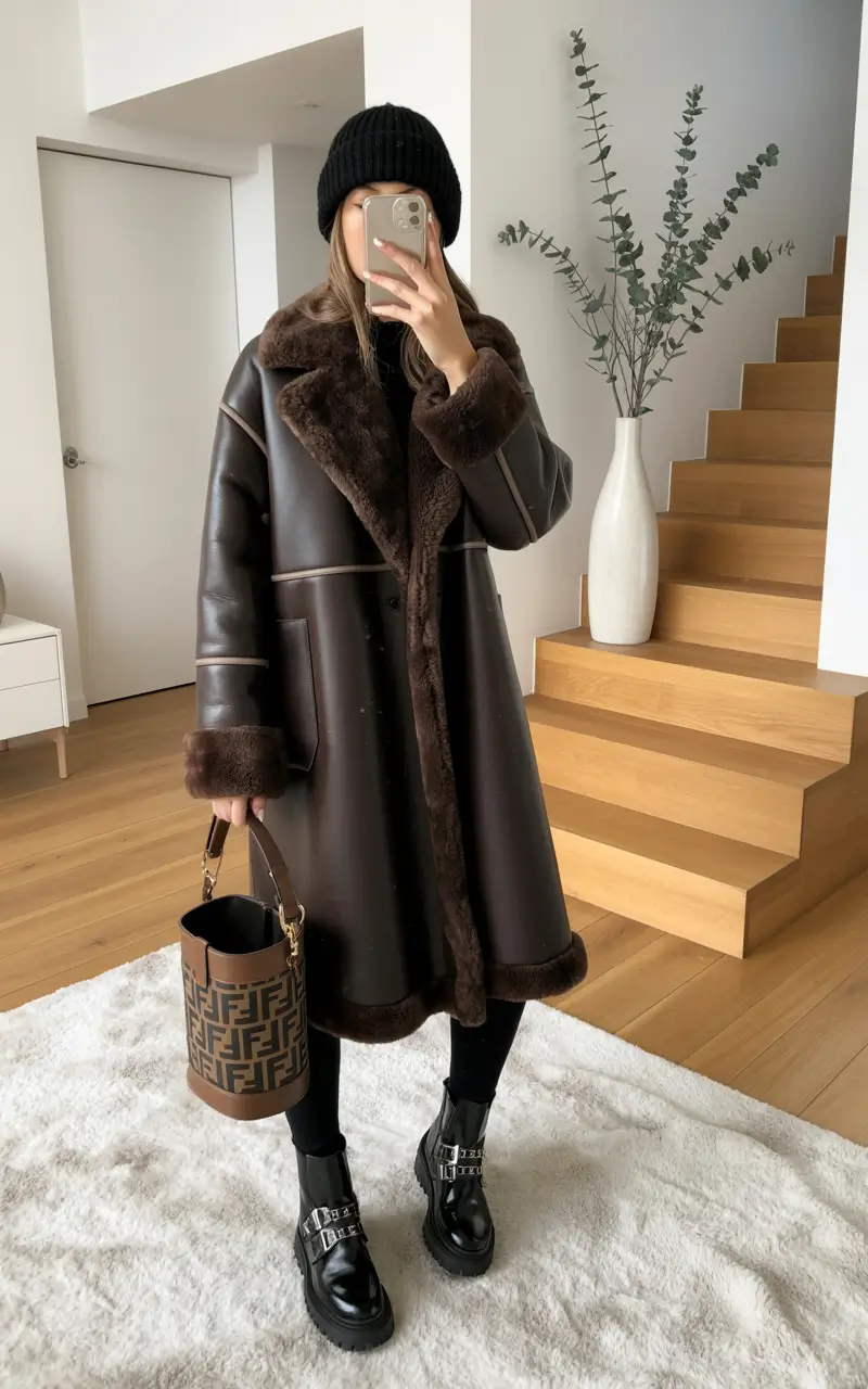 business casual outfits december Classic Chocolate Shearling Elegance