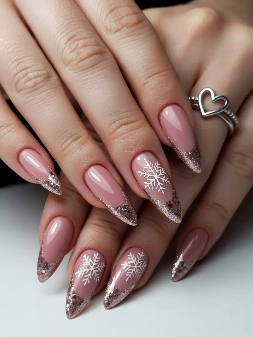 Christmas nails 2025 Rosy Sparkle French