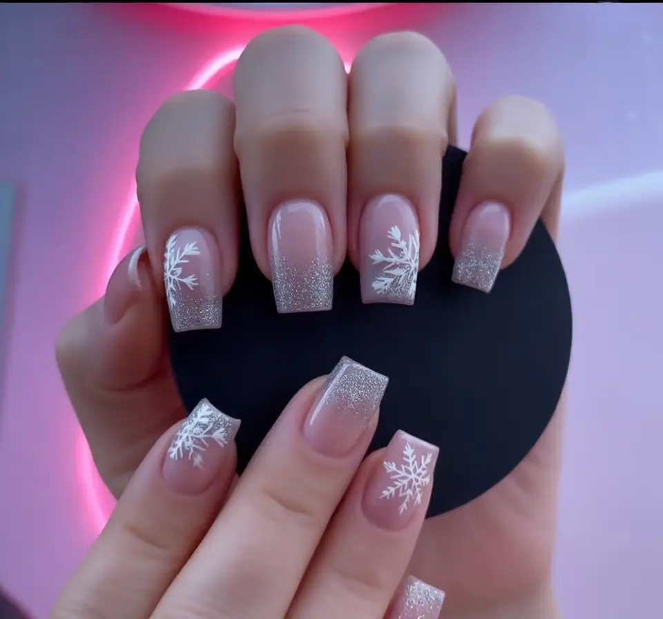 Chic Christmas Nails 2025 Frosted Silver Snowflakes