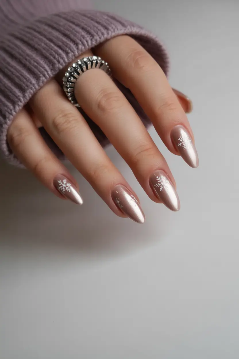 Christmas nails 2025 Rose Champagne Snowflakes