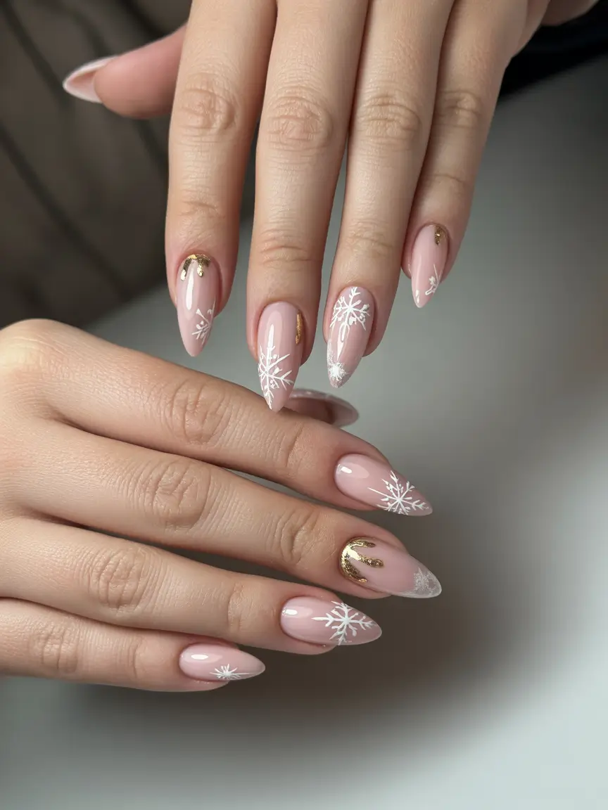 Christmas nails 2025 Golden Whisper Snowflakes