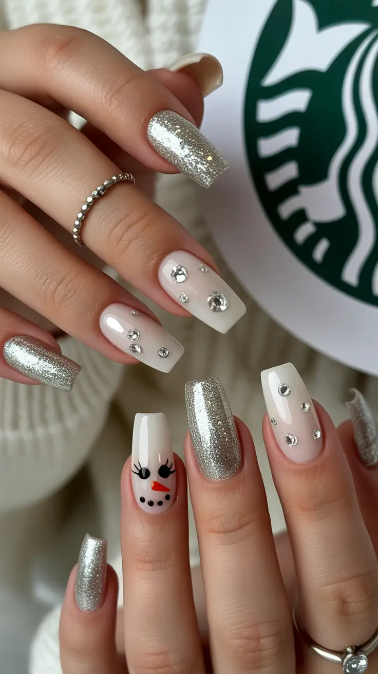 Christmas nails 2025 Frosted Glamour with Rhinestone Sparkle